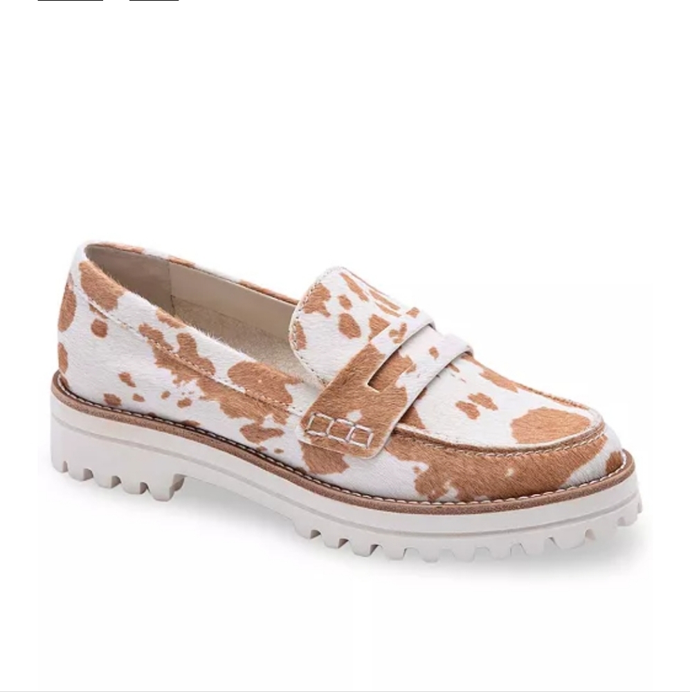 Dolce Vita White and Tan Cowprint Loafers